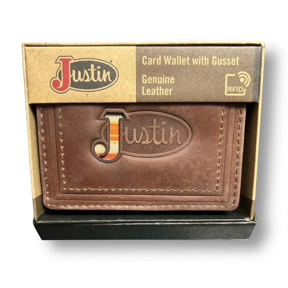 New Justin Brown Leather Card‎ Wallet RFID Bifold Logo Embossed Western Rodeo